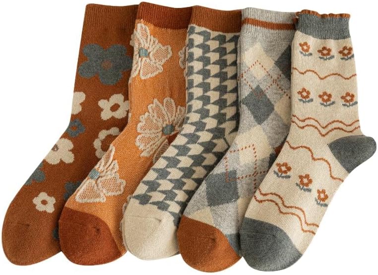 FORJMMP 5/10 Pairs Wool Socks for Women Thick Knit Vintage Cute Floral Crew Socks - Image 2